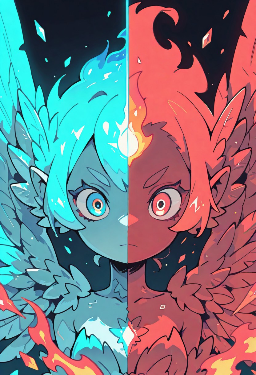 1 girl , close up , blue glow , neon theme , red theme , blue theme , fire theme ,ice theme , (theme split , split character:1.3) , feather wings , big wings , glowing feather , harpy ,
masterpiece, best quality ,amazing quality ,S4bit4mago_illu , Protoneon  ,s0wasow4rt_illu,