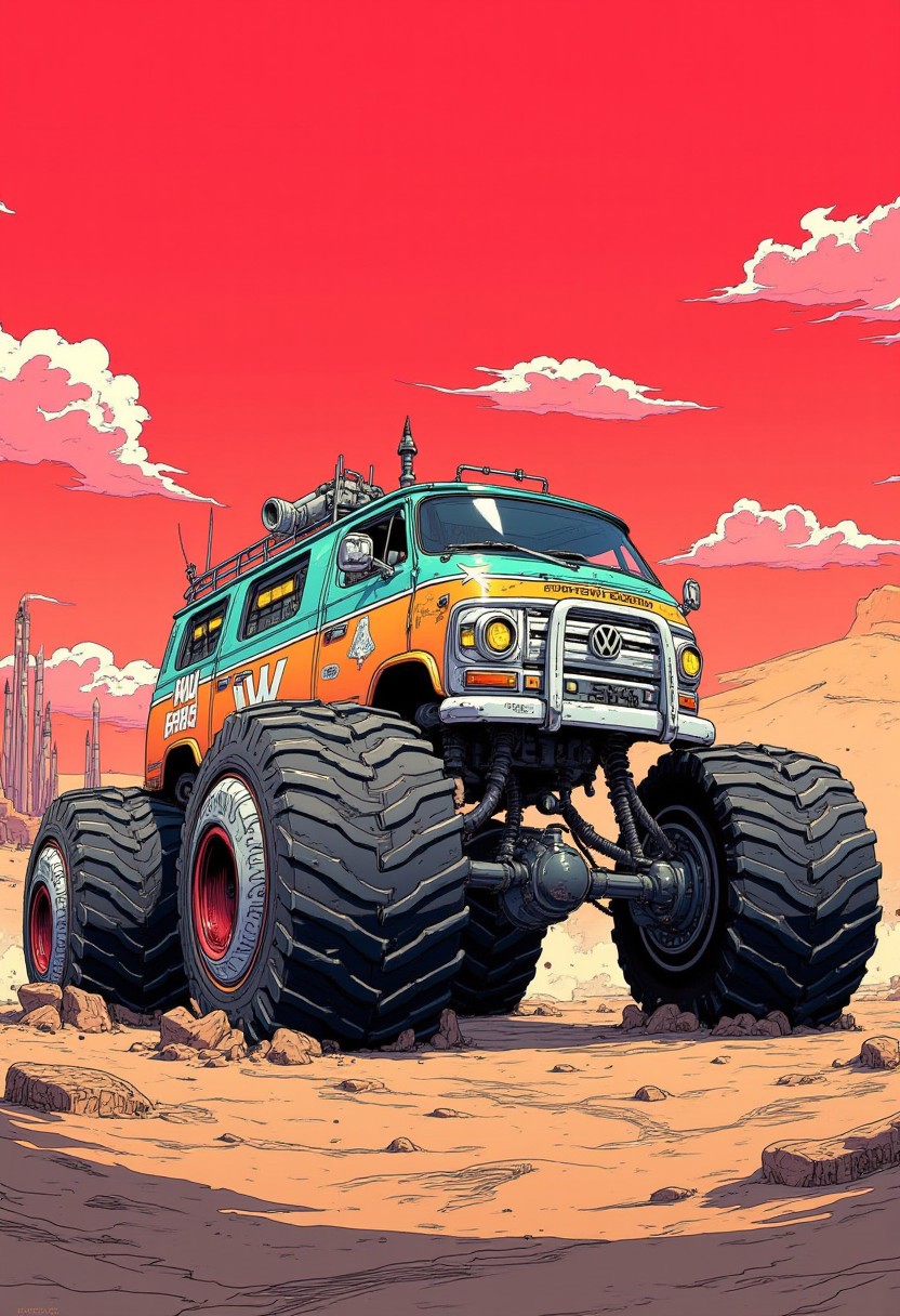 vw van monster truck, dieselpunk style, very inspirational, glossy, dynamic body, beautiful elegant, excellent composition, intricate artistic color, romantic, intricate, beautiful, vibrant, perfect intricate, cyberpunk, anime, stunning fine detail, The background is A post-apocalyptic wasteland with a lot of missiles in the red sky that creates a sense of desolation and danger, contrasting with the vibrant colors and playful nature of the truck
