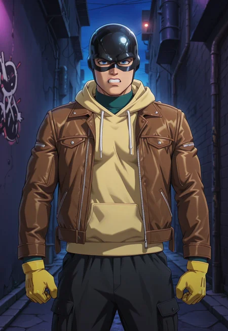 dbstyle, masterpiece, best quality, hyper-Detailed, 1man, solo, male focus, alone, detailed, peter ((young, muscular body, fair skin, detailed blue eyes, thick lips, chin stubble)), ((wearing black helmet, black mask, daredevil mask, brown leather jacket with long sleeves over a yellow hoodie over a green sweater turtleneck, black cargo pants, thick yellow gloves)), staring at the viewer, angry, showing teeth, standing in an alley, night