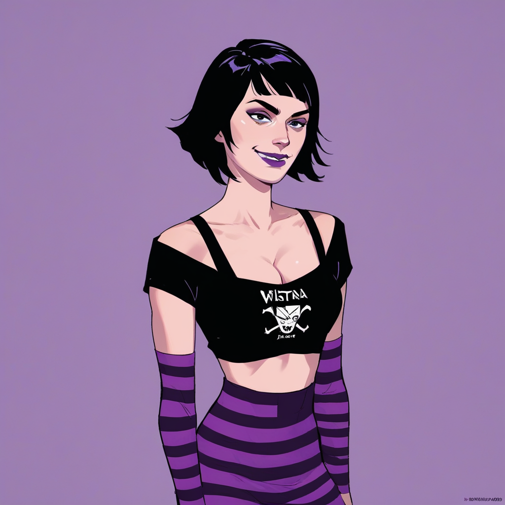 score_7_up, score_8_up, score_9, masterpiece, perfect face, perfect hands, high quality, source_cartoon, Triana, black hair, short hair, striped stockings, black croptop, purple lipstick, smirk, cleavage,