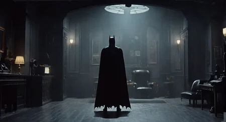 concept art of Cinematic Film stock footage in (arri alexa style) Kodak film print, <lora:batman 1989:1> batman 1989 a man in a batman costume standing in a room, digital artwork, illustrative, painterly, matte painting, highly detailed