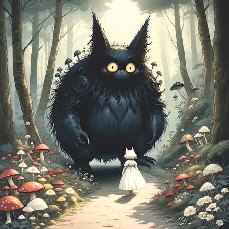 Score_9, score_8_up, score_7_up, score_6_up, BREAK <lora:Dark_GhibliPony:1> Studio Ghibli Dark Fairytale, The image is a digital illustration of a forest scene. It shows a large black creature with two large round eyes and a pointed nose standing in the center of the image. The creature appears to be a monster or a creature with sharp teeth and sharp claws. It is surrounded by tall trees and bushes with a path leading up to it. On either side of the path there are small white flowers and mushrooms scattered throughout the forest. In the foreground there is a small white cat walking on the path. The background is filled with trees and foliage and the sky is visible through the trees. The overall mood of the illustration is peaceful and serene., nature, mushroom, tree, flower, outdoors, forest, 1girl, dress, white dress, scenery