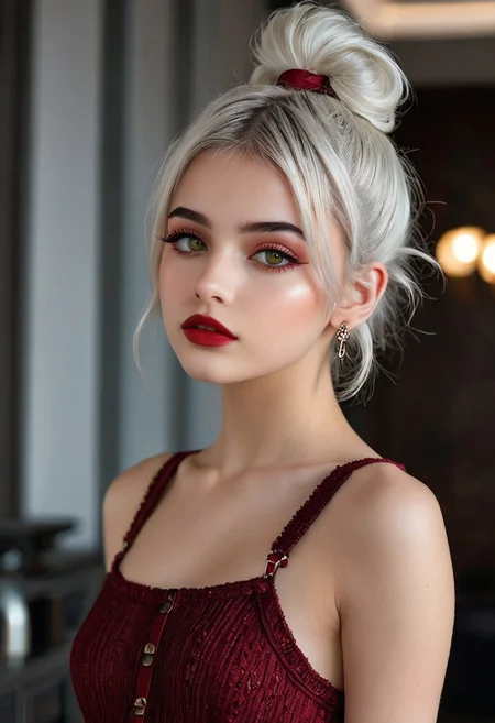 20 year old Turkish girl, long shot, pose 1:2, standing, stand up, full body view, hazel eyes, pale skin, puffy lips, makeup, eye contact, hairclip, light white hair, very short hair, hair up, double bun, hair flaps, asymmetrical bangs, long bangs, x hair ornament, dark red lips, red eyeshadow, mascara, eyeliner, stud earrings, piercing, blush, flat chest, epic action, Unreal Engine, cinematic award winning artwork, many details, extreme detailed, full of details,Wide range of colors., dramatic, Dynamic,Cinematic,Sharp details, Insane quality. Insane resolution. Insane details. Masterpiece. 32k resolution. casting shadow style, cucoloris patterned illumination, <lora:add-detail-xl:1>