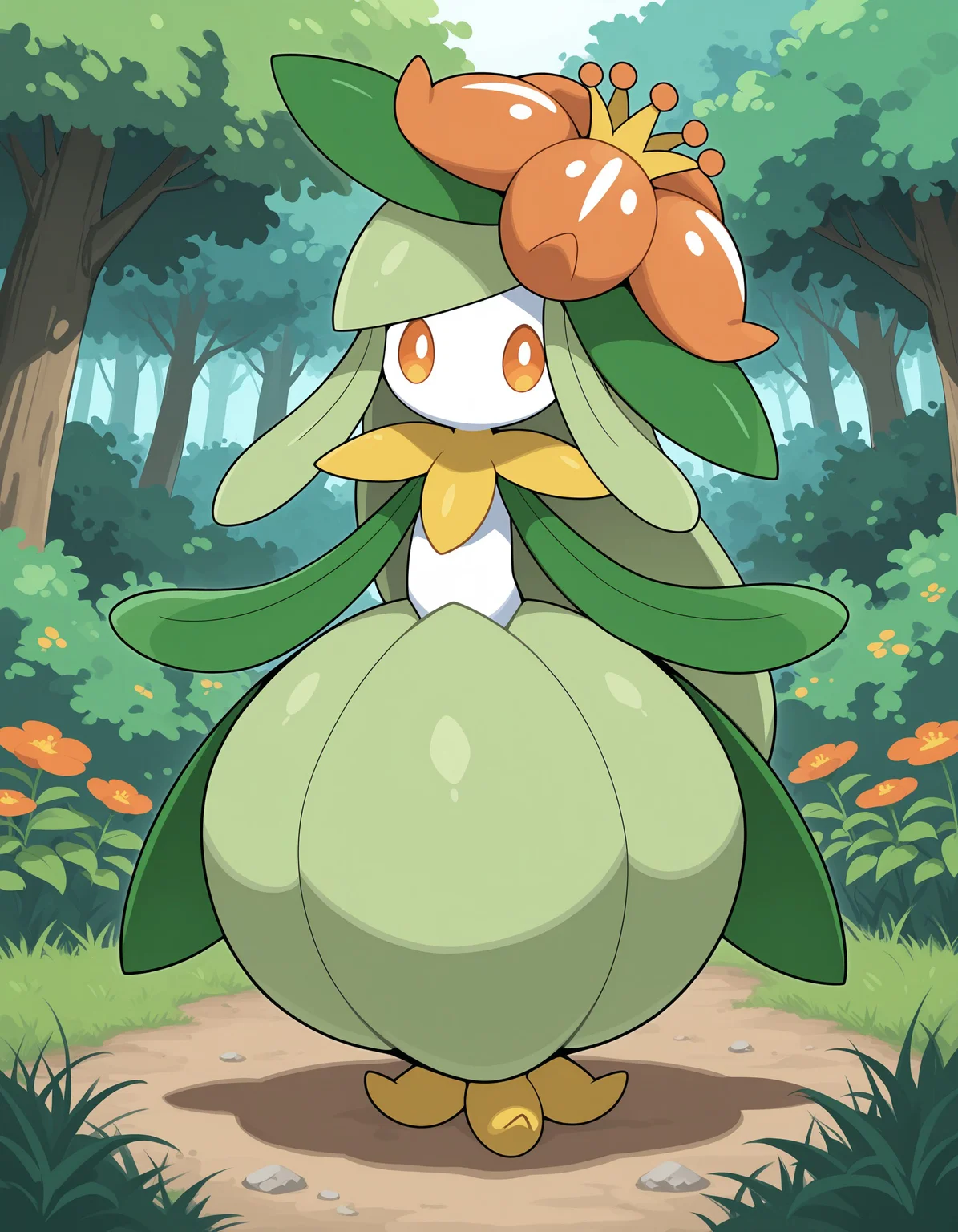 masterpiece, best quality, amazing quality, very detailed, newest, no humans, WnLlgnt, white skin, colored sclera, leaf arms, orange flower, orange eyes, pokemon \(creature\), full body, looking at viewer, meadow, flowers, bushes, trees, , <lora:e1d95fb1-2374-4fef-a9fa-bfb60ce90f11:0.9>