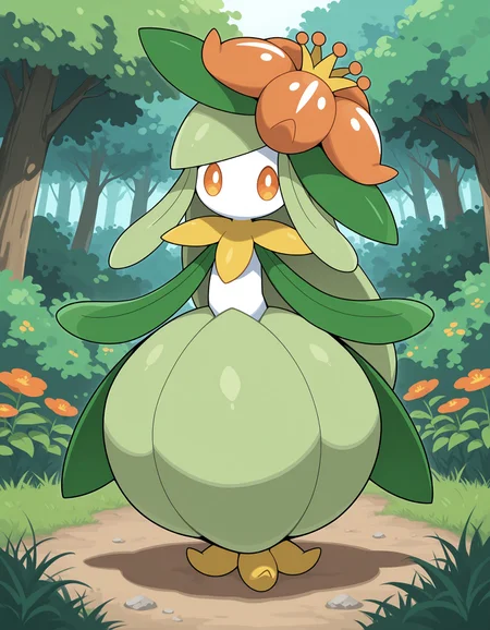 masterpiece, best quality, amazing quality, very detailed, newest, no humans, WnLlgnt, white skin, colored sclera, leaf arms, orange flower, orange eyes, pokemon \(creature\), full body, looking at viewer, meadow, flowers, bushes, trees, , <lora:e1d95fb1-2374-4fef-a9fa-bfb60ce90f11:0.9>