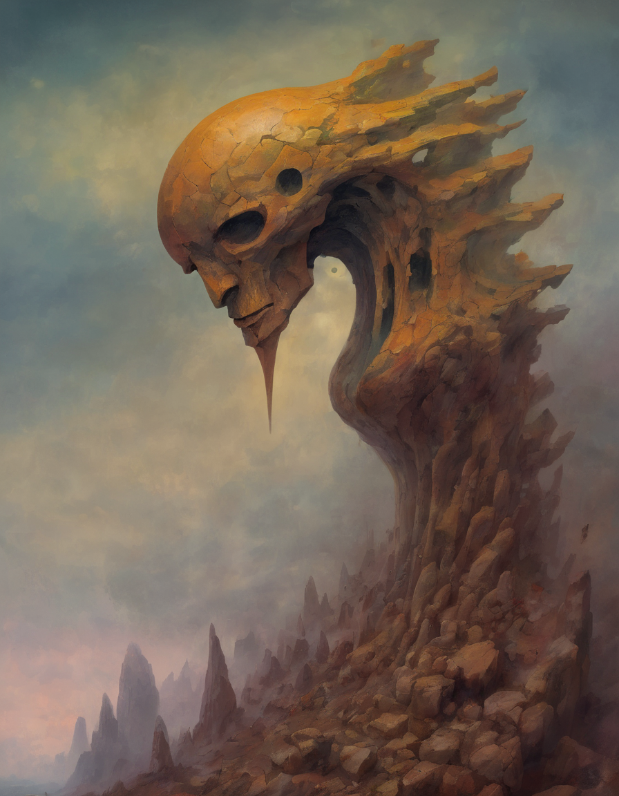 <lora:ptm0-000007:0.8>ptm0 abstract creature swirling around breaking apart stone fragment whirlwind fantasy art surreal oil painting beksinkski