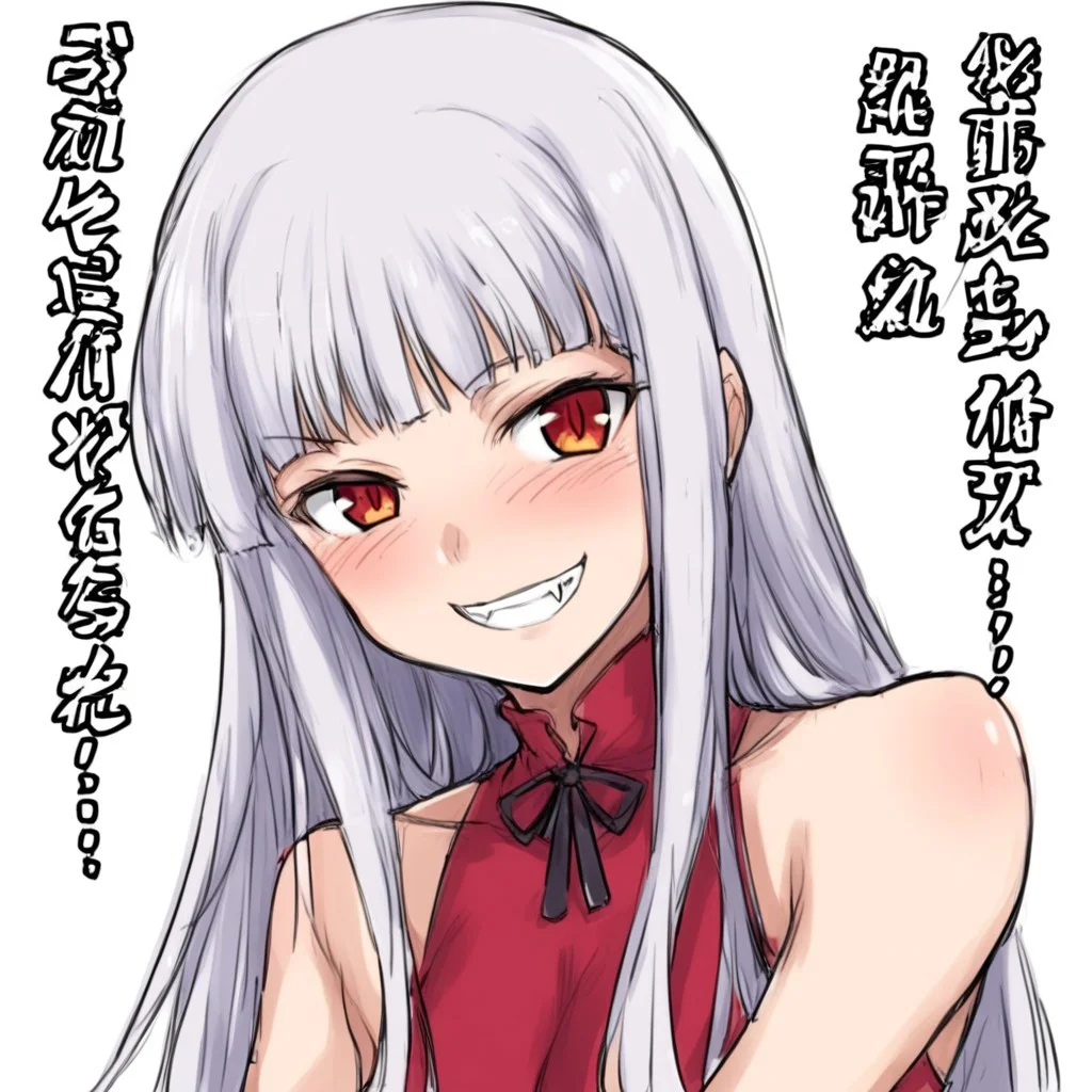 yupiel, yupiel-sama no geboku, 1girl, blush, fangs, grin, japanese text, long hair, looking at viewer, smile, vampire