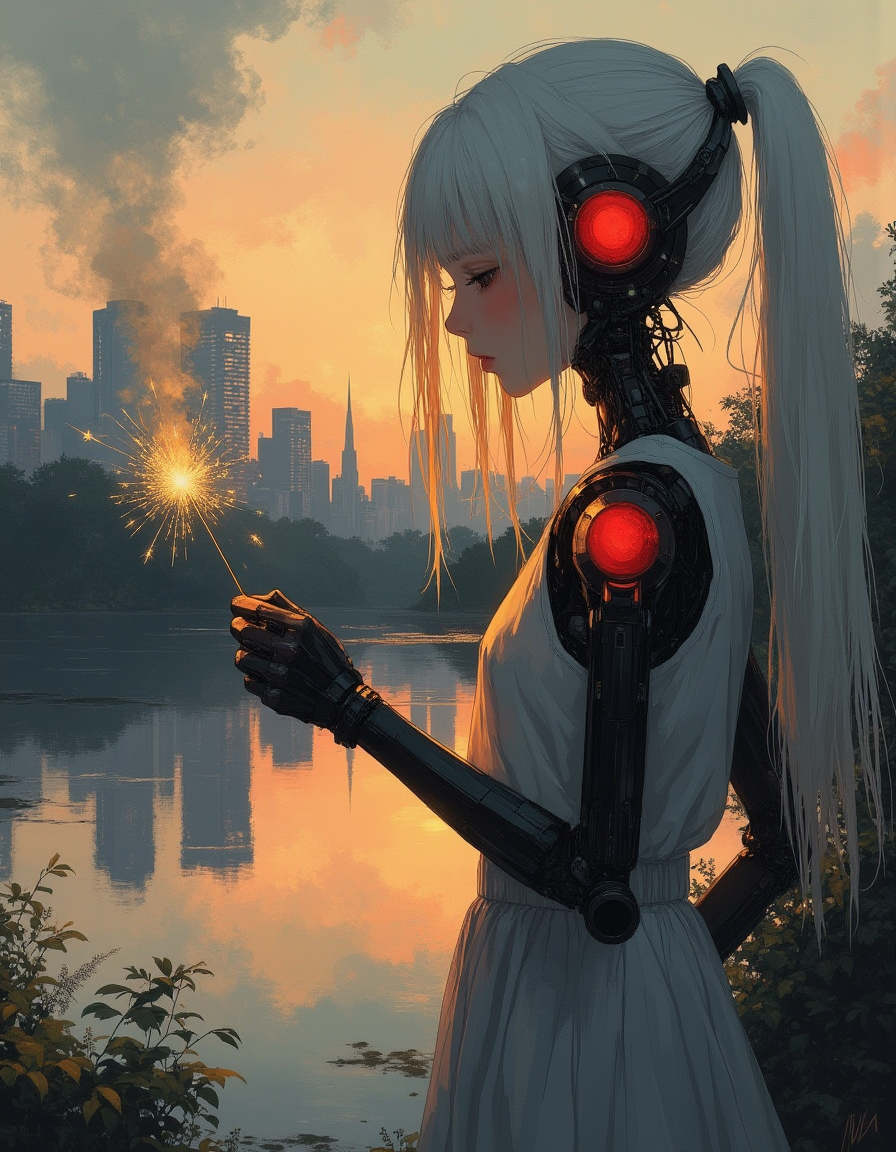 masterpiece, high quality, Oil Painting, Hyper-realistic, hyper-detailed, a young tween robot girl dressed in light summer attire walks along the edge of a tranquil lake, her silhouette illuminated by the golden glow of the setting sun. Her face is pale, almost translucent white. She has bright glowing blue eyes, and flowing white hair. She has a skinny mechanical body of black and red mechanical shoulders and arms have articulated joints. In her hand, she holds a sparkler, its bright, flickering light casting a playful glow on her fingers. Behind her, a futuristic cyberpunk city skyline stretches across the horizon, its buildings bathed in the warm hues of twilight. The lake reflects both the cold city lights and the fiery sparks of the sparkler, creating a mesmerizing blend of natural beauty and urban energy. The atmosphere is serene yet dynamic, capturing the essence of a summer evening filled with quiet contemplation and gentle celebration. Focus on the girl, shadow and light, Masterpiece, intricate lines, intriguing atmosphere, sharp magnificent details, delicate features, elaborate details, (2/3 rule composition:0.5), ultra detailed, romantic, Rembrandt lighting, brush stroke, lovely, novuschroma, in the style of Rembrandt. vantablack <lora:style_of_Rembrandt_FLUX_135:.3> <lora:- Flux1 - vanta_black_V2.0:.6> <lora:neeeg_f1:-1> <lora:113_novuschromaFLX_1:.3> <lora:Midjourney_Whisper_Minimal:.4> <lora:s1n0z1ck-flux-test-lora:1>