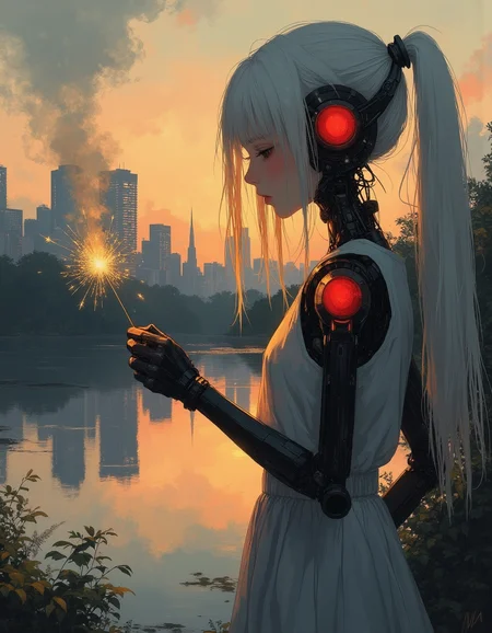 masterpiece, high quality, Oil Painting, Hyper-realistic, hyper-detailed, a young tween robot girl dressed in light summer attire walks along the edge of a tranquil lake, her silhouette illuminated by the golden glow of the setting sun. Her face is pale, almost translucent white. She has bright glowing blue eyes, and flowing white hair. She has a skinny mechanical body of black and red mechanical shoulders and arms have articulated joints. In her hand, she holds a sparkler, its bright, flickering light casting a playful glow on her fingers. Behind her, a futuristic cyberpunk city skyline stretches across the horizon, its buildings bathed in the warm hues of twilight. The lake reflects both the cold city lights and the fiery sparks of the sparkler, creating a mesmerizing blend of natural beauty and urban energy. The atmosphere is serene yet dynamic, capturing the essence of a summer evening filled with quiet contemplation and gentle celebration. Focus on the girl, shadow and light, Masterpiece, intricate lines, intriguing atmosphere, sharp magnificent details, delicate features, elaborate details, (2/3 rule composition:0.5), ultra detailed, romantic, Rembrandt lighting, brush stroke, lovely, novuschroma, in the style of Rembrandt. vantablack <lora:style_of_Rembrandt_FLUX_135:.3> <lora:- Flux1 - vanta_black_V2.0:.6> <lora:neeeg_f1:-1> <lora:113_novuschromaFLX_1:.3> <lora:Midjourney_Whisper_Minimal:.4> <lora:s1n0z1ck-flux-test-lora:1>
