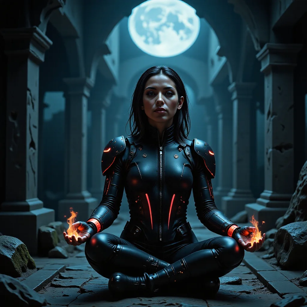 mythpunk style - mythological and legendary aesthetic integrating magical elements, otherworldly inspirations, futuristic cybernetic technology featuring a female synthesized beauty mythpunk sorcerer, pyrokinesis character. With mechanical_arms made of Carbon fiber composite cyborg limbs with sleek black matte finish, red LED indicators, articulated joints. mystic meditation, cross-legged, entering a meditative state for magic, enchanted moonlight. Wandering in a a labyrinthine catacomb, with crumbling walls and ancient tombs, and casting a ice magic spell.
<lora:dark_fantasy_flux:1>, <lora:MysticFantasy:0.8>, <lora:mythPunk_v1_rank35_bf16:1>âââ