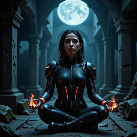 mythpunk style - mythological and legendary aesthetic integrating magical elements, otherworldly inspirations, futuristic cybernetic technology featuring a female synthesized beauty mythpunk sorcerer, pyrokinesis character. With mechanical_arms made of Carbon fiber composite cyborg limbs with sleek black matte finish, red LED indicators, articulated joints. mystic meditation, cross-legged, entering a meditative state for magic, enchanted moonlight. Wandering in a a labyrinthine catacomb, with crumbling walls and ancient tombs, and casting a ice magic spell.
<lora:dark_fantasy_flux:1>, <lora:MysticFantasy:0.8>, <lora:mythPunk_v1_rank35_bf16:1>âââ