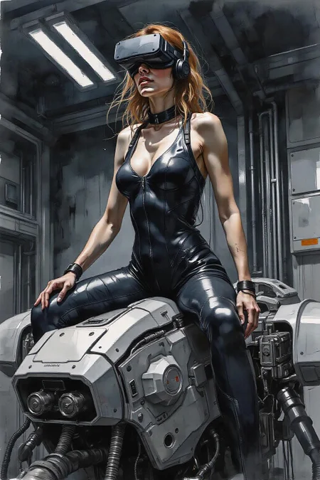 yawc1 watercolor.
A striking, futuristic scene depicts a woman dressed in sleek, form-fitting leather attire, sitting confidently atop an open power suit, inspired by the cyberpunk aesthetics of Masamune Shirow. The power suit, a blend of advanced technology and military-grade armor, features intricate mechanical details, exposed wiring, and a robust, yet streamlined design. The woman, wearing a cutting-edge VR headset, exudes a sense of control and mastery over the machine beneath her. Her posture is relaxed yet commanding, with one hand resting on the suit’s metallic surface and the other casually holding a piece of advanced tech. The background is a high-tech industrial setting, with dim lighting that casts dramatic shadows, highlighting the fusion of human and machine. The overall atmosphere is one of futuristic coolness and cybernetic elegance, capturing the essence of Shirow’s iconic <lora:yawcolor_nocap_d4a2:1.0> <lora:schnell_v1.0:1.0><lora:798375978989623843:0>