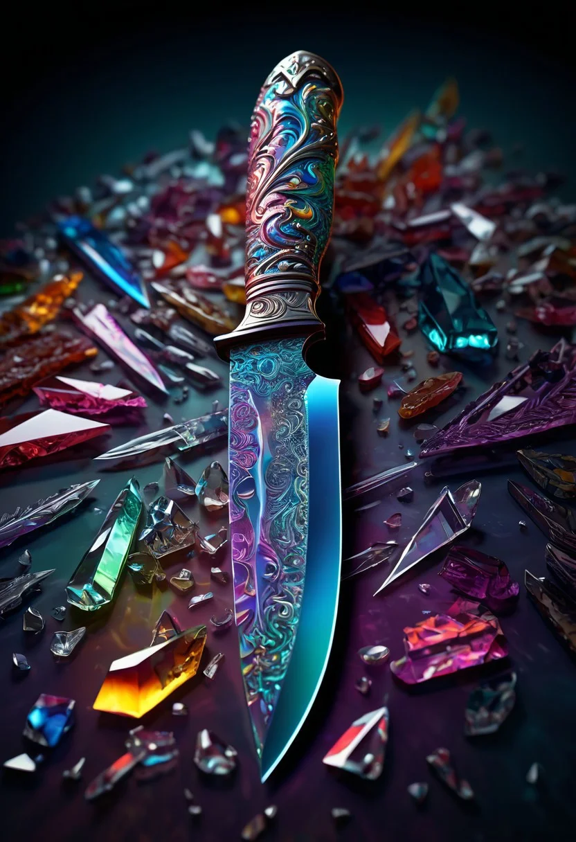 A half transparent knife made out of crystal, ultra detailed, psychadelic colors and shapes
many details, extreme detailed, full of details,
Wide range of colors.
Many details everywhere. soft shadows. Low saturation colors. Insane quality. Insane resolution. Insane details. Masterpiece. 32k resolution.
Dramatic,Dynamic,Cinematic,Sharp details
, aidmamj6