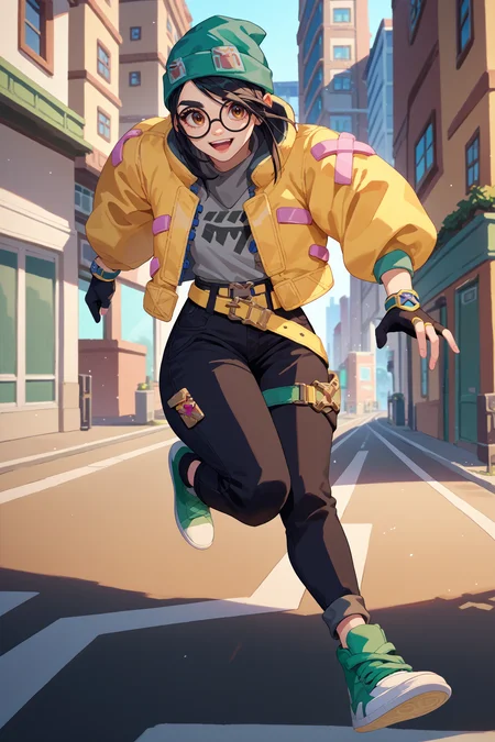 score_9, score_8_up, score_7_up, score_6_up, source_anime, 1girl, solo, <lora:valorantkilljoy-pdxl-nvwls-v1-000005:1> valoKJ, black hair, brown eyes, green beanie, round glasses, yellow jacket, grey shirt, partially fingerless gloves, yellow belt, black pants, green sneakers, running, city, full body, happy