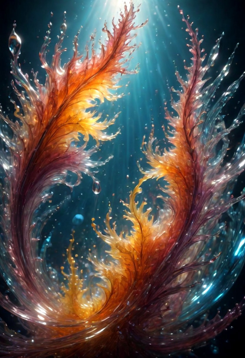An abstract shape, amazingly fluid, made of glass, detailed, 3d fractals, light particles, water drops, shimmering light, surreal, ink, smooth, shimmering, glow, cinematice contrast, Glow, 16k, crystal clear, colorful, backlight,