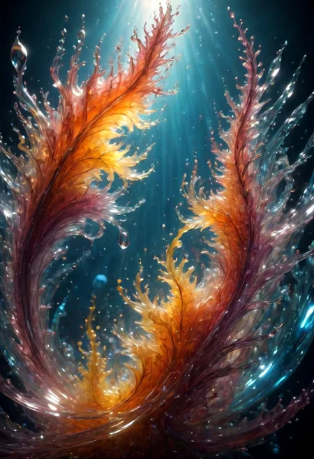 An abstract shape, amazingly fluid, made of glass, detailed, 3d fractals, light particles, water drops, shimmering light, surreal, ink, smooth, shimmering, glow, cinematice contrast, Glow, 16k, crystal clear, colorful, backlight,