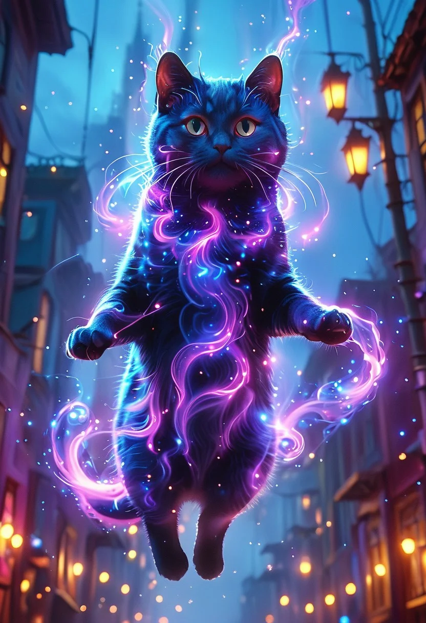 cute floating cat, ethereal glowing swirls, mystical light particles, dreamy atmosphere, vibrant neon mist, twilight city street, hyper-detailed fabric texture, soft illuminated fog, cinematic soft lighting, glowing blue and magenta hues, fantasy realism, enchanted night
