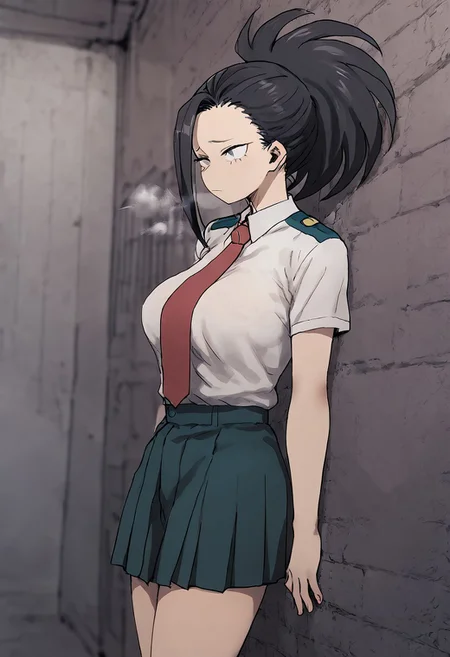 score_9, score_8_up, score_7_up, best quality, highest score,source_anime, My Hero Academia Anime Style, 2D,
1girl, yaoyorozumomo, long hair, bangs, black hair, ponytail, black eyes, high ponytail, wide ponytail, (large breasts:1.5), small waist, round ass), school uniform, white shirt, collared shirt, short sleeves, red necktie, green skirt, ((NTR atmosphere,darkness,steam)),
<lora:Deadflow_Assorted_Doujin_Artstyle_Blend_PonyXL:.7>
(alley, wall) BREAK (standing, hands), (sad, Looks boring)
(hands on sides, against wall, cowboy shot)