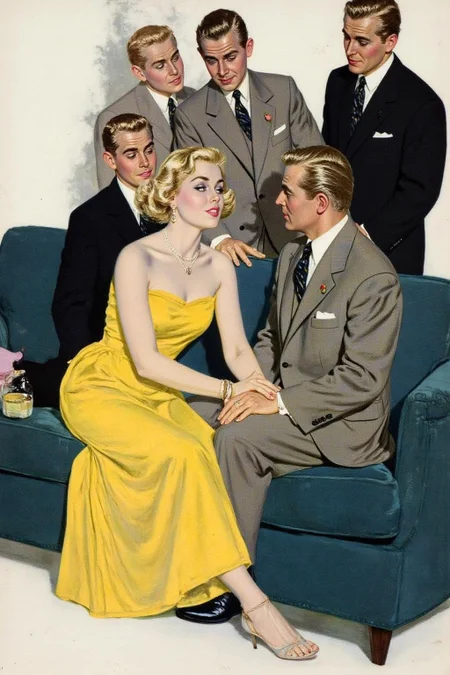 cobyw1 illustration
kard1 illustration
There are five people, four men and one woman, gathered around a plush, dark
blue sofa. A blonde woman, seated on the sofa, wears a bright yellow evening gown, her hair styled in a classic bob. She appears relaxed and engaged, looking at the man sitting closest to her.
Two men are sitting on the sofa beside her, while two other men are standing.
The men are dressed in formal attire from the 1940s, including suits, ties, and vests.
<lora:cobyw1_cap_d6a3e12:1.0><lora:818785251263511019:0>