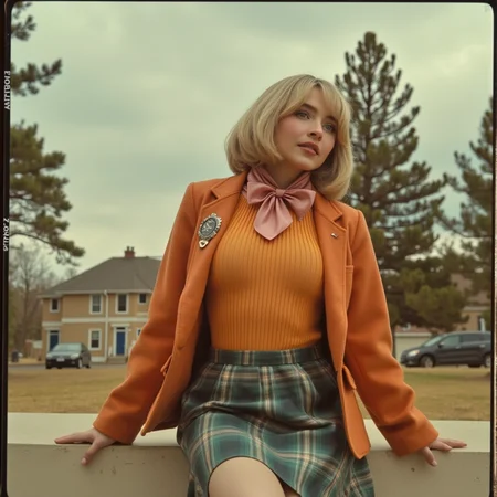 Faded Polaroid Photo, analog film photo <lora:AshleyR4:0.8> a close up, a candid, half body shot, close up shot, aslx, costume, aslx, a woman wearing an ashley graham costume with orange jacket, plaid skirt, blond hair styled in a bob, she's in creepy town, leaning on a wall, ultra detailed, ultra realistic, ultra quality, cinematic, cinematic lighting, ultra detailed <lora:SAbrina Carpenter-V1x1:1> s4br1n4c . faded film, desaturated, 35mm photo, grainy, vignette, vintage, Kodachrome, Lomography, stained, highly detailed, found footage, analog, old faded photo, old polaroid, RAW candid cinema, 16mm, color graded portra 400 film, remarkable color, ultra realistic, textured skin, remarkable detailed pupils, realistic dull skin noise, visible skin detail, skin fuzz, dry skin, shot with cinematic camera