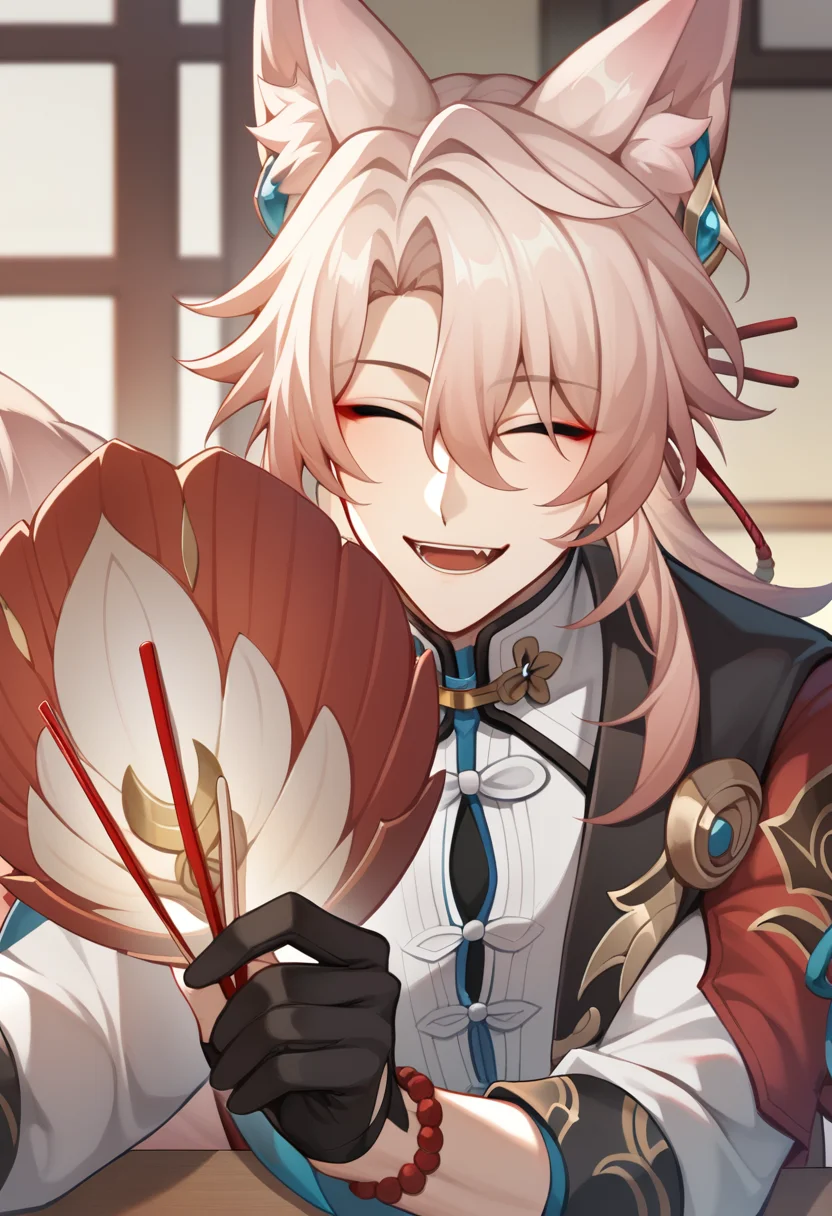 score_9,score_8_up,score_7_up,<lora:jiaoqiu:1>,jiaoqiu_(honkai:_star_rail), open_mouth, smile, holding_chopsticks, facing_viewer, bracelet, male_focus, animal_ear_fluff, earrings, solo, bishounen, black_gloves, 1boy, fox_boy