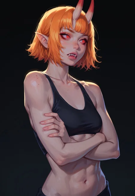 safe_pos, score_9, score_8_up, score_7_up, g0th1c, 43stl1ght1ng, dark background, rimlight, 1ly4, 1girl, monster girl, wide hips, small breasts, midriff, sexy legs, long legs, abs, oni horns, ginger hair, bangs, short hair, red eyes, slit pupils, pointy ears, freckles, posing, sportswear, cowboy shot, looking away, parted lips, fangs, crossed arms