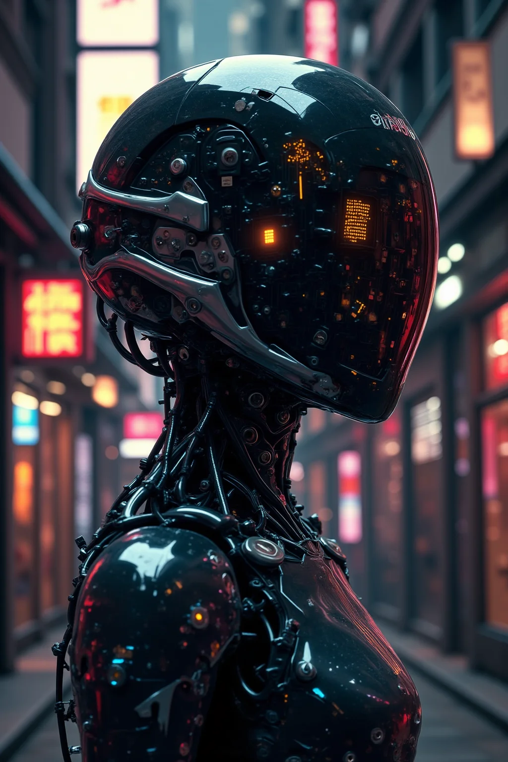 yfg-F@ce, A futuristic humanoid robot, wearing a sleek black full-face helmet with mirrored visor and silver accents, stands at a 45-degree angle to the camera in a dimly lit cyberpunk alleyway, surrounded by flickering neon advertisements and glowing blue circuitry trails emanating from its mechanical limbs, while a delicate golden filigree pattern adorns its left cheekbone and a small, pulsing LED light on its forehead glows softly.