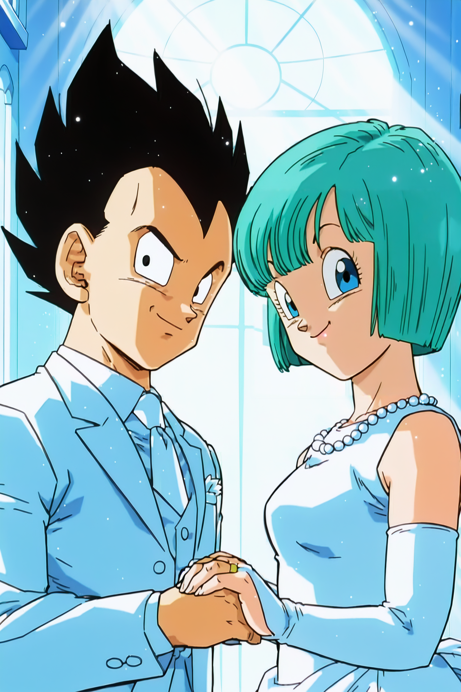 bride and groom, holding hands,  indoors, upper body, church, wedding alter, looking at viewer,
anime screencap, masterpiece, best quality, amazing quality, very aesthetic, absurdres,  newest, (scenery, volumetric lighting), official style, dappled sunlight, light particles, light rays,
vegeta, black hair, ((black eyes)),wedding, groom, white suit, white necktie, spiked hair,
bulma, android saga, short hair, aqua hair, bangs, blue eyes, bob cut, wedding dress, sleeveless, bridal gauntlets, smile, happy
<lora:Vegeta_IL_V2:0.8>,  <lora:Bulma_XIL:0.8>