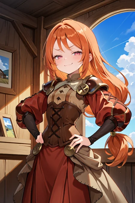masterpiece, very aesthetic, absurdres, best quality, amazing quality, high resolution, <lora:illustrious_quality_modifiers_masterpieces_v1:0.8> , <lora:ChamIllustriousBackgroundEnhancer:0.5>, (hands on hips), <lora:MonicaIL:0.8> , MoniDef, 1girl, pink eyes, long hair, orange hair, low-tied long hair, juliet sleeves, red juliet sleeves, shoulder pads, white clasps, black arm warmers, patchwork clothes, layered dress, beige shirt, buttoned shirt, corset, (brown corset), long skirt, red skirt, waist cape, beige waist cape, long sleeves, pantyhose, looking at viewer, (cowboy shot), half-closed eyes, smug, smile,  solo, detailed background, interior, cabin, window, blue sky, clouds,
