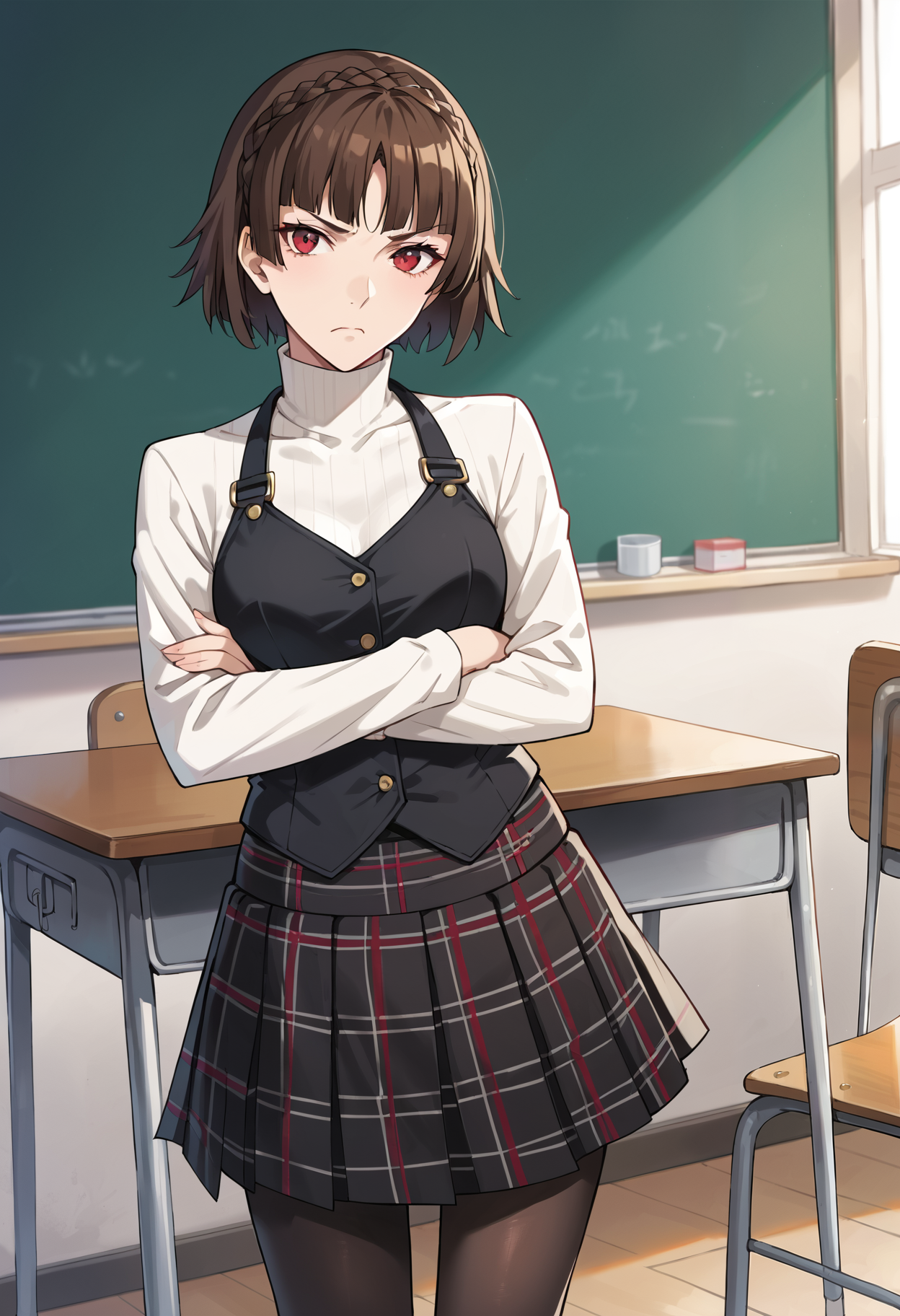 score_9, score_8_up, source_anime
1 girl, solo,
p5makoto, niijima makoto, brown hair, blunt bangs, crown braid, red eyes,
p5makoto-winuni, turtleneck, long sleeves, black vest, pleated skirt, plaid skirt, pantyhose, 
classroom, standing, stern, scowl, arms crossed, looking at viewer,
masterpiece, best quality, ultra detailed,