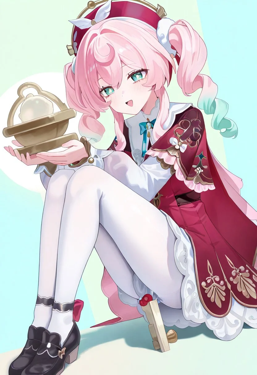 hyacine \(honkai: star rail\), hyacine \(honkai: star rail\), clothes: hyacine def red and white dress, red beret, 1girl, pink hair, black footwear, white pantyhose, negative_hand