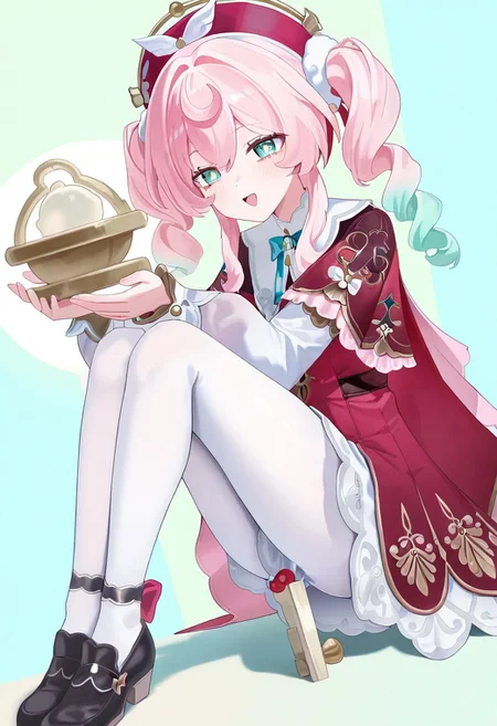 hyacine \(honkai: star rail\), hyacine \(honkai: star rail\), clothes: hyacine def red and white dress, red beret, 1girl, pink hair, black footwear, white pantyhose, negative_hand