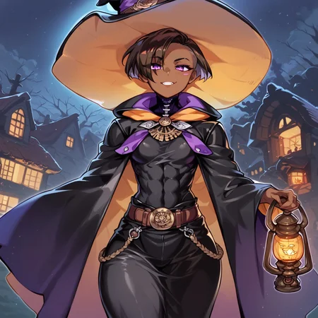 safe_pos, score_9_up, score_8_up, score_7_up, 1girl, solo, dark skin, dark-skinned female, tomboy, female ninja, short hair, spiky short hair, brown hair, undercut, purple eyes, witch hat, long black dress, long skirt, brown belt, Short Cloak
,small breasts, thighs, curvy, voluptuous figure, smug, muscular female, abs, big ass, poses, adult woman, covered body, covered abs, long sleeves, wide sleeves
, detailed, detailed body, detailed face, best quality, masterpiece:1.4, Expressiveh, dark outlines, outdoors, night, tree, Lantern, building, pumpkins, Halloween-themed