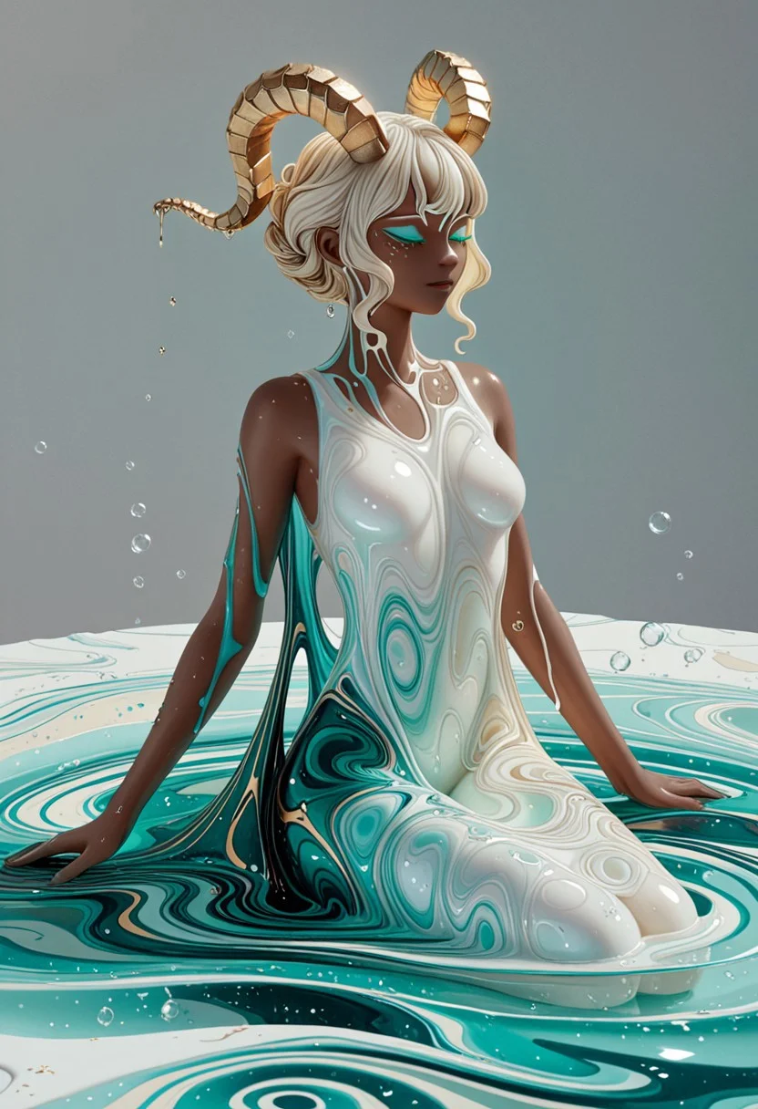 A light-skinned woman with long, pale blonde hair lies submerged in a swirling, abstract pool of teal and turquoise liquid acrylic paint.
The woman appears to be wearing a textured, shimmering, gold and teal, almost iridescent, garment that appears to be a part of the liquid-like substance.
She has large, off-white, stylized, textured horns that are a part of the same liquid-like substance as her attire.
Her eyes may be closed, and her expression is serene. The light reflects off the paint's surface, and fine specks of gold shimmer throughout the liquid surrounding and seeming to adhere to her figure. The liquid's texture is dynamic and complex, with swirling patterns and bubbles, blending seamlessly into the woman's form and garment.