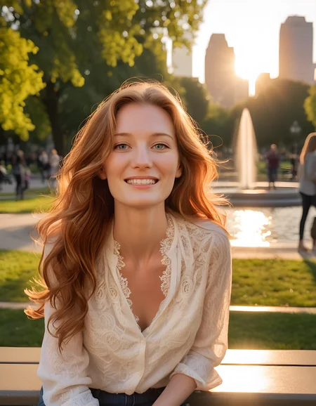 In a vibrant and bustling city park under the soft, warm glow of setting sun rays filtering through tall, leafy trees, stands a stunning woman named A5HL3YH. Her long, wavy auburn hair cascades down her back, catching the golden light as it gently dances in the breeze. She wears a simple yet elegant white blouse with delicate lace detailing and dark denim jeans, the fabric subtly creased from a day spent exploring the city. Her eyes, a captivating shade of hazel, sparkle with a genuine smile that seems to radiate warmth and kindness towards the viewer. Her lips are painted a bold, fiery red, adding a touch of playful allure to her overall appearance. The camera angle is slightly overhead, capturing her from the chest up, as she leans back on her hands against a park bench, gazing directly into the lens with a closed-mouth smile that hints at a secret shared only between herself and the viewer. The background detail consists of various people strolling through the park, children playing near a fountain, and the city skyline in the distance, all bathed in the soft, warm light of sunset, creating a serene and inviting atmosphere that perfectly complements the subject's radiant presence.