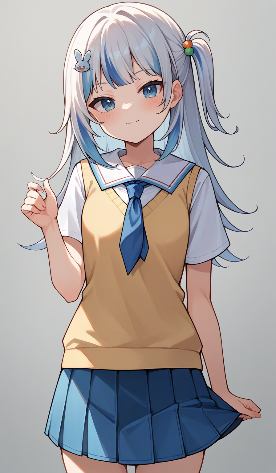 score_9,score_8_up,score_7_up,score_6_up,score_5_up,score_4_up,
1girl, gawr gura, virtual youtuber, long hair, one side up, hairclip, streaked hair, sailor collar, short blue necktie, pleated blue skirt, white shirt, short sleeves, miniskirt, rabbit hair ornament, yellow sweater vest, 
solo, grey background, simple background, looking at viewer, cowboy shot, 
<lora:guraponyxl6:1>