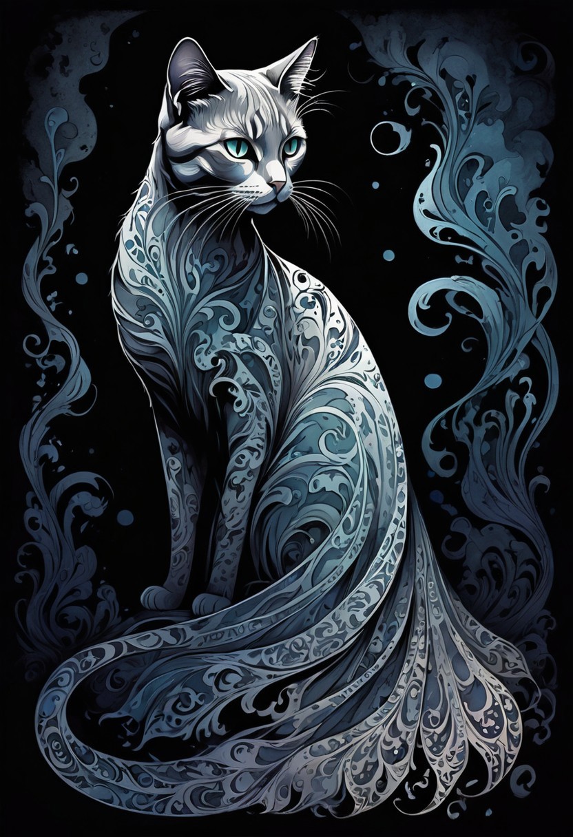 (Ink illustration), house cat, eerie, large glowing eyes, sharp claws, tufted ears, flowing tattered gown, sinuous tail,  dark ethereal mist, swirling shadows, intricate patterns on fur, eerie luminescence, unsettling, ghostly atmosphere, hauntingly, dark fantasy creature. ink splashes, solid outline, dark background, ink sketch, rich colors, moody, gloomy, dark picture, high contrast, stylized, clear, colorful, ColorART.
