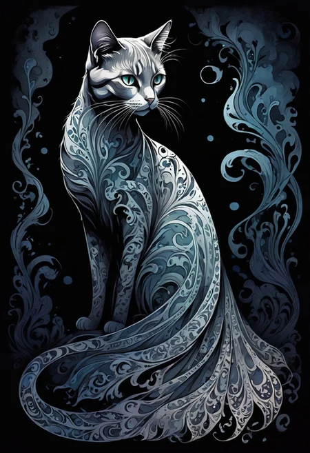 (Ink illustration), house cat, eerie, large glowing eyes, sharp claws, tufted ears, flowing tattered gown, sinuous tail, dark ethereal mist, swirling shadows, intricate patterns on fur, eerie luminescence, unsettling, ghostly atmosphere, hauntingly, dark fantasy creature. ink splashes, solid outline, dark background, ink sketch, rich colors, moody, gloomy, dark picture, high contrast, stylized, clear, colorful, ColorART.