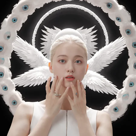 xxmixgirl, seraphins, mystical creature with hundreds of eyes and wings, with the shape of a giant ring, circular hoops around body, massive size, angelical lights <lora:Seraphins1.0-000038:0.8>