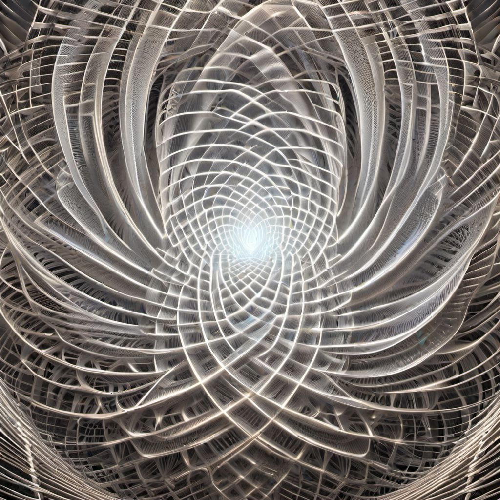 ((complex mathematical graph that lies under the universe and permeates all things )), ambient occlusion, shimmering metallic surfaces, a soft inner glow inside!! made from nylon strings on PET tube, top view, mesmerizing optical illusion, by mc escher, inspired by mathematics, unbelievable construction, reflective catchlights,high-quality , CGI VFX fine art,