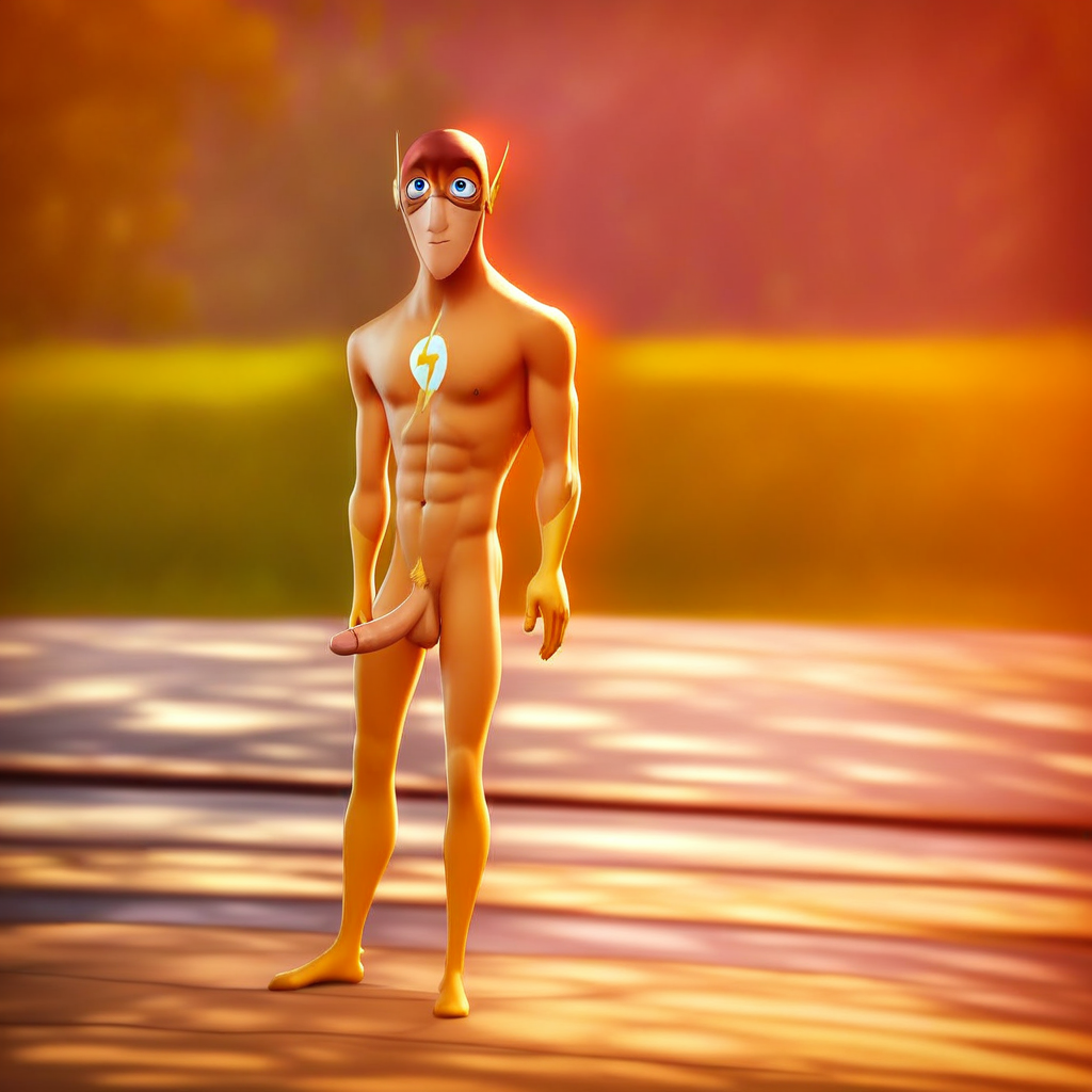 Flash, 1boy, male focus, solo, mask, blue eyes,  pubic hair, completely nude, abs, penis, balls, standing,  hard penis, score_9, score_8_up, score_7_up, score_6_up <lora:vinceteaa_020_04v2-step00000400r:1> good face, good eyes, looking at viewer, full body, standing,