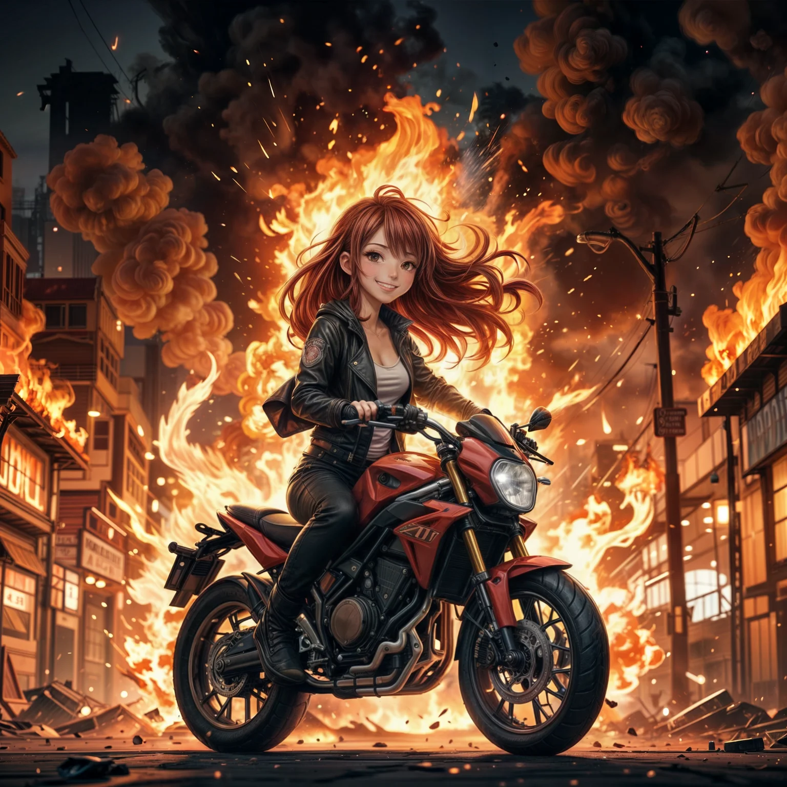 In the anime image, a woman with long hair is riding a red motorcycle through a burning city street. The scene is filled with intense flames and smoke, creating a dramatic and action-packed atmosphere.