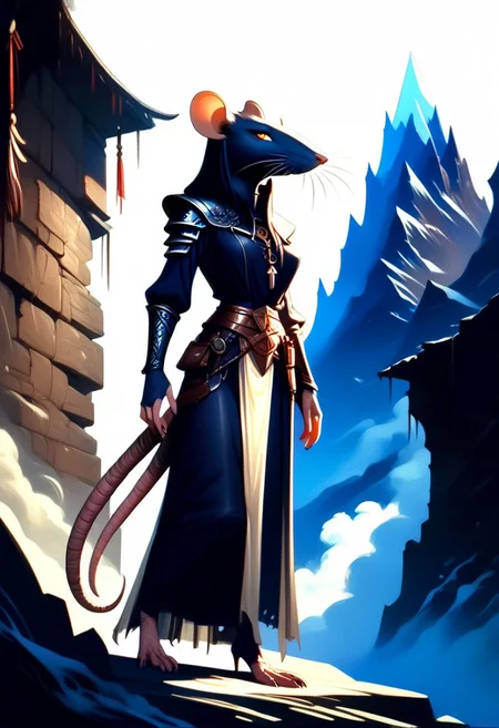A digital painting of The Great Horned Rat from the Warhammer Fantasy setting. She has big horns, rodent, rat anthro female, skaven, Goddess. medium boobs, looking at viewer, seductive look, full body view, Mountain background, 3/4 side view
