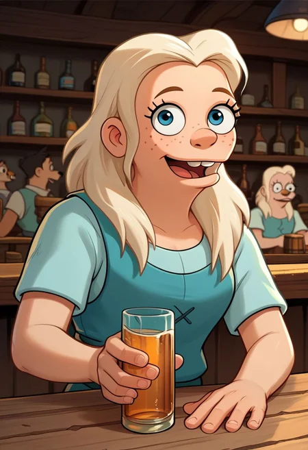 score_9, score_8_up, score_7_up, score_6_up, score_5_up, score_4_up, rating_questionable, Tiabeanie, in a tavern, happy, liquor bottle, cartoon, freckles, fFaceDetail, OverallDetail, solo, buck teeth