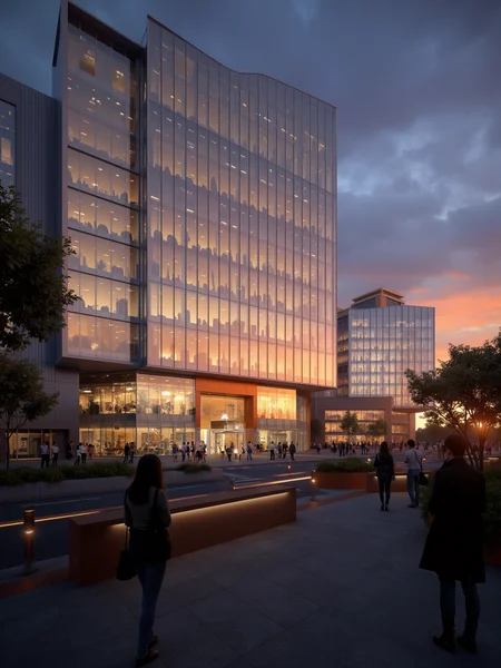 Architectural Exterior with Sunset: A striking photographic piece that captures the interplay of light and architecture, focusing on a building's glass façade as the sun sets.
The photograph features a modern building with a prominent glass curtain wall, reflecting the warm hues of the sunset. The building's design is characterized by its sleek lines, geometric shapes, and the transparency provided by the glass panels.
Key elements of the scene include:
- The glass façade, which acts as a canvas for the sunset's colors, displaying a vibrant palette of oranges, reds, and purples.
- The building's structure, which is accentuated by the play of light and shadow created by the setting sun, enhancing the architectural details.
- The surrounding environment, which may include other buildings, trees, or water features, all contributing to the overall atmosphere of the scene.
- People, if present, are silhouetted or backlit, adding a sense of scale and human presence to the photograph.
The lighting in the photograph is naturally provided by the setting sun, casting long shadows and creating a dramatic contrast between the light and dark areas of the image. The photographer has skillfully utilized the golden hour to capture the soft, diffused light that defines this time of day.
The composition of the photograph is carefully considered, with the building's facade as the central focus. The camera angle and framing are chosen to maximize the impact of the sunset's reflection on the glass, while also capturing the building's full height and the surrounding environment.
This photographic work captures the beauty of architectural design in harmony with natural light, highlighting the transformative power of the sunset on urban landscapes. The image serves as a testament to the photographer's ability to capture the fleeting moments of beauty in the everyday environment, inviting viewers to appreciate the interplay of light, architecture, and nature.