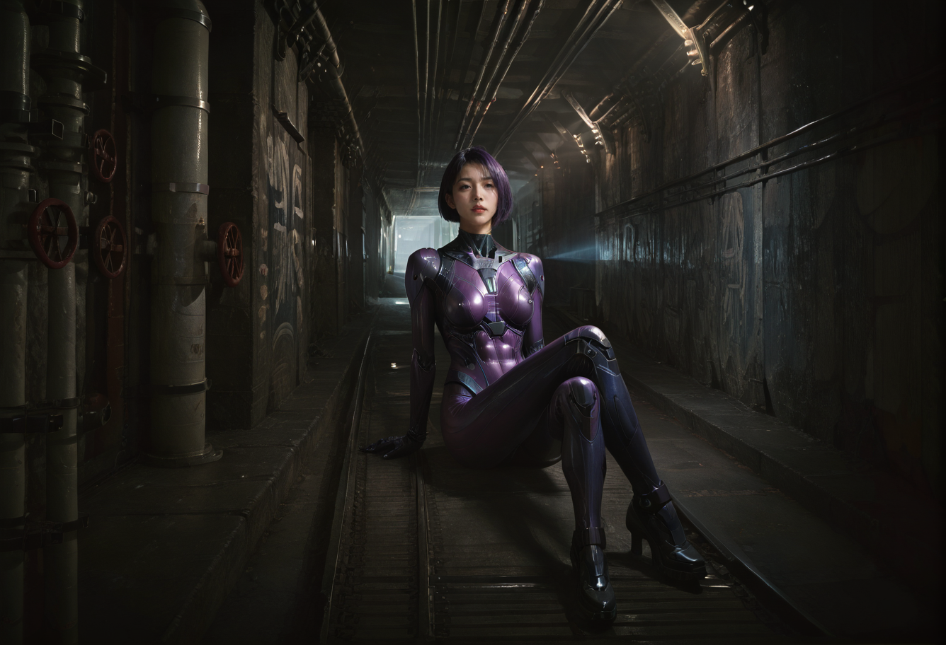 ,ruanyi0886,indoors,tunnel,pillar,
1girl,,ruanyi0867,purple bodysuit,cyborg,science fiction,skin tight,sitting,<lora:0886 tunnel_v1_pony:1>,<lora:0867 Battle suit_v1_pony:0.7>, score_9,score_8_up,score_7_up,,8k,1girl,solo,,