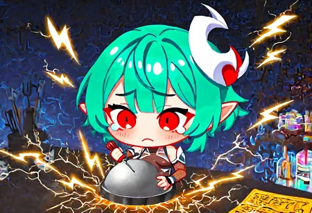 <1girl, solo>, <character: ((noah_brown, pointy_ears, red eyes, green_short_hair, single_white_horn, single_row_of_identical_tattoos_surrounding_a_single_thigh_side_by_side, light_frown, chibi, chibi only, big head, mini person):1.3)>, <series: taimanin series>, <artists>, <indoors, laboratory, excessive amount of sweat, sweaty, tears, teardrop, anime girl in laboratory, meme, parody, demon core, demon core meme, holding screwdriver, radiation, cherenkov radiation, metal demon core>, <no lineart, flat color, Buzz211, made of electricity, glowing, made of tiny lightning bolt symbols, electricity, lightning bolt symbol, score_9, score_8_up, score_7_up, score_6_up, masterpiece, best quality, newest, amazing quality, highres, enhanced colors,  colored shadows, smooth edges, blending>