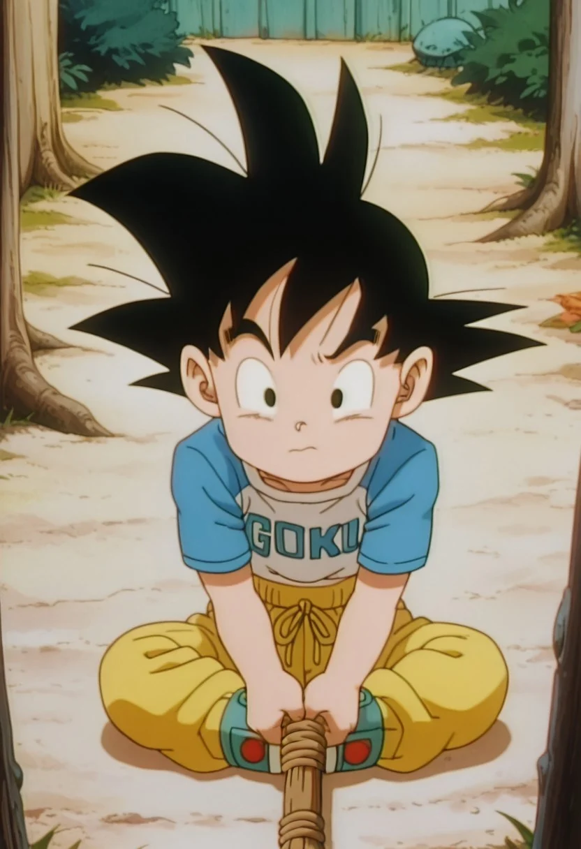 masterpiece, best quality, amazing quality, official artstyle, g0kujr, male, human, young, solo, black hair, spiked hair, black eyes, short, white t-shirt, blue short sleeves, red wristbands, yellow pants, turquoise shoes, sitting on the floor, thinking an idea, holding some big branches and some rope, thoughtful face, outdoors, c0zy b34ch hut, sunny day, front view