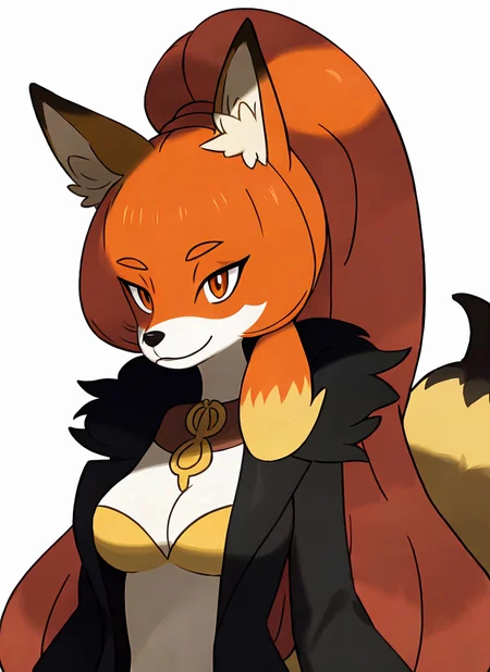 masterpiece, best quality, generation 6, (furry), fox girl, canine, very long hair, orange hair, ponytail, fluffy body fur, breasts, upper body, white background <lora:Pokemon (Style):1>