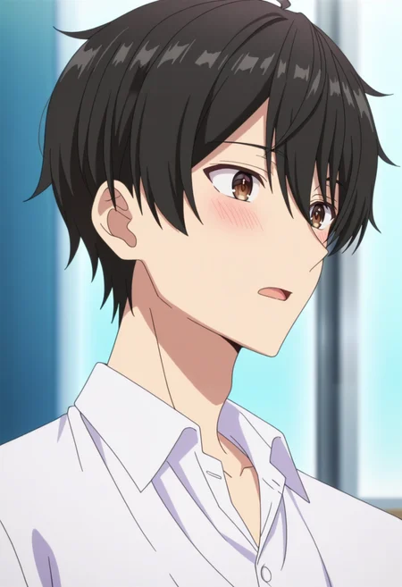 masterpiece, best quality, intricate details,official style,depth of field, anime screencap , , , 1boy, solo, male focus, <lora:Yuu_Natsume:0.77> ,yuu natsume,black hair,short hair,brown eyes,white shirt,collared shirt,portrait,open mouth,blush